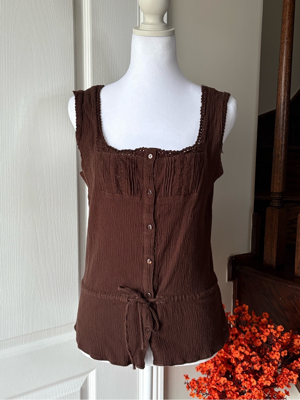Vintage Coquette Brown Button-Front Top